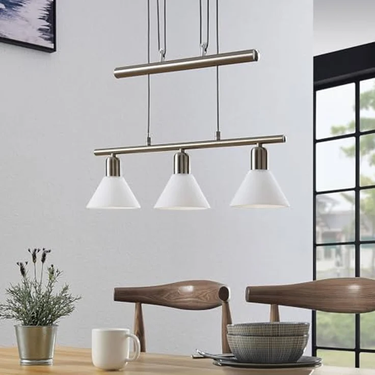 Lindby Pendellampe Delira, 3-flg., nickel, höhenverstellbar mit weißen Glasschirmen – Bild 4