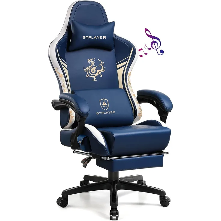GTPLAYER Gaming Stuhl Gamer Stuhl mit Bluetooth-Lautsprechern und Fußstütze, Dragon Series Bürostuhl, Ergonomischer Drehsessel, Computerstuhl 150KG, blau