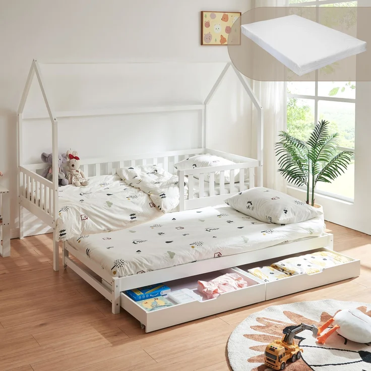 Doppel-Kinderbett Aarghonmaa mit Matratze 90x200 cm Kiefernholz Weiß [en. casa] – Bild 1