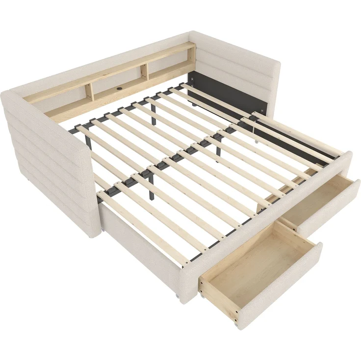 Merax Polsterbett, 90 × 190 cm, Tagesbett, Daybett, Schlafsofa, multifunktionales Ausziehbett-Design, USB- + Typ-C-Anschlüsse, mit 2 Schubladen, LED-Lichtleiste, Samt, beige – Bild 8