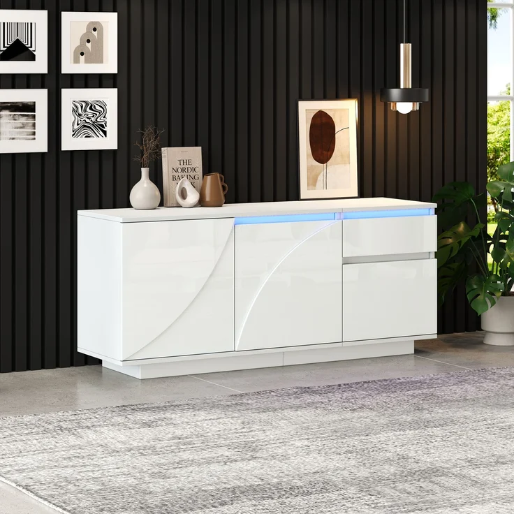 Sideboard 140 cm mit LED, Weiß Hochglanz, moderner Aufbewahrungsschrank mit 3 Türen, 1 Schublade & verstellbaren Regalen – Bild 5