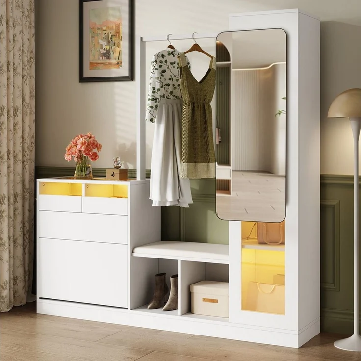 Merax Garderoben-Set 6-in-1 Garderobenschrank Eingangsbereich-Schrank mit LED, (platzsparender Eingangsbereich-Schrank aus Spanplatte, 1-St, 163x161x35cm), Flurschrank mit Spiegel, Schuhschrank, Kleiderstange,9 Stauraumfächern – Bild 2