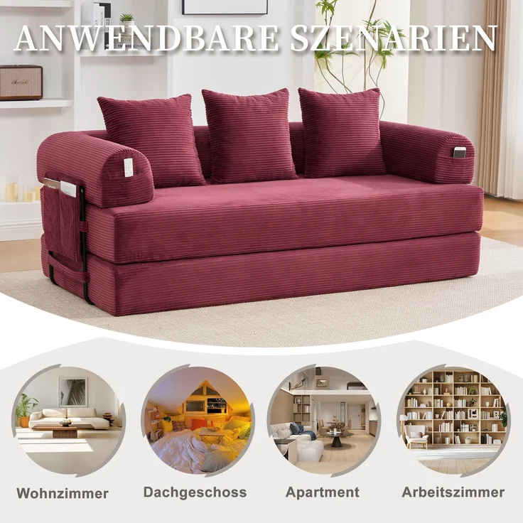 LVHOM Schlafsofa 3 Sitzer, Klappsofa mit Schlaffunktion, Bodensofa, Polstersofa aus CordStoff, Schlafcouch dauerschläfer, frei Kombination, 200x94x67 cm, Weinrot – Bild 10