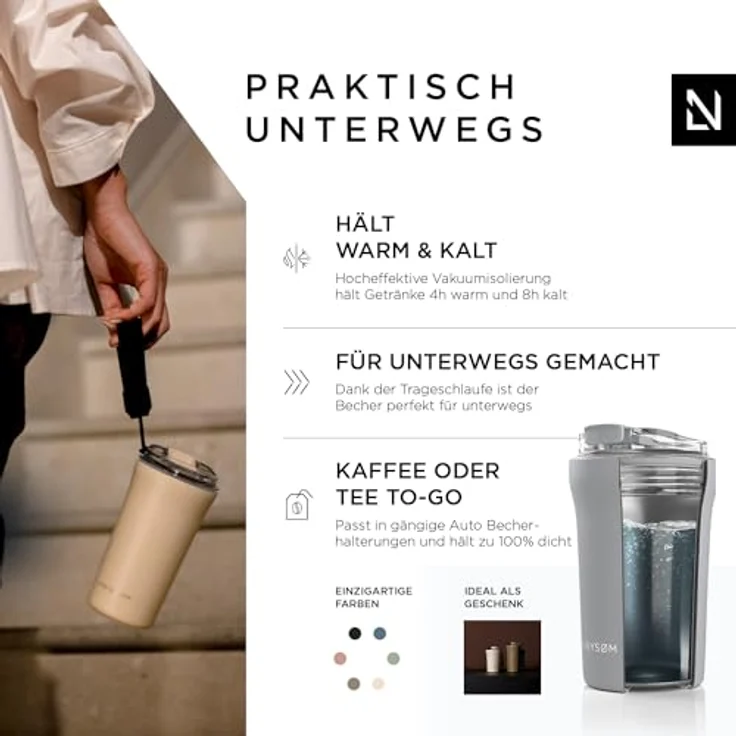 LARS NYSØM Thermo Kaffeebecher to go mit Trageschlaufe & Tritan Deckel | Travel Mug 0,38 Liter mit Vakuumisolierung | Edelstahl Thermobecher für Café & Tee (Ash Gray, 380ml) – Bild 2