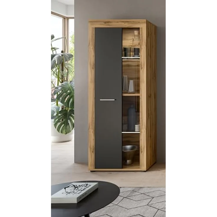 Xonox Vitrine, Grau, Holzwerkstoff, 60x159x35 cm, inklusive 3 Schubkästen und 4 Einlegeböden, FSC®-zertifiziert – Bild 6