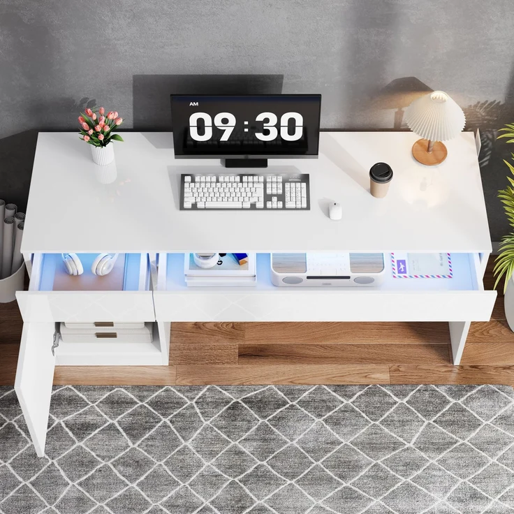 ZUBALIYA Hochglanz Schreibtisch 120 x 50 cm mit LED-Beleuchtung, 2 Schubladen & 1 Tür, großer Computertisch und Schminktisch, Moderner Arbeitsplatz für Homeoffice und Schlafzimmer – Bild 3