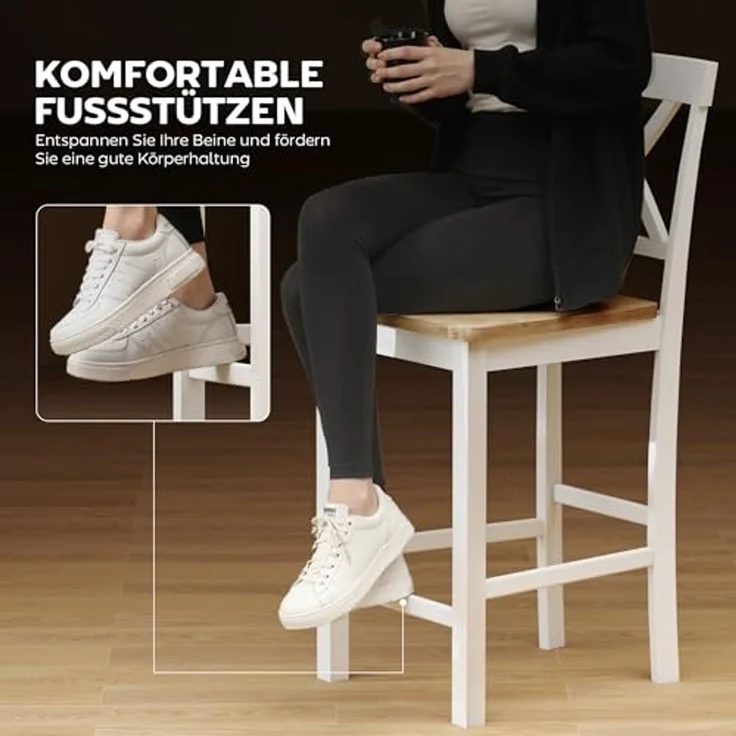 HOMCOM Barhocker mit Rückenlehne und Fußstütze (Küchenstühle, 2 St, Modern Tresenhocker), für Küche, Wohnzimmer, Esszimmer Eiche – Bild 4