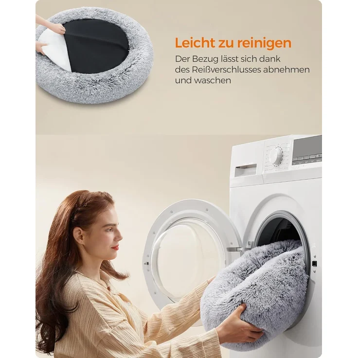 Feandrea Hundebett flauschig, Katzenbett, Donut Kissen, waschbar, Polsterung in der Mitte herausnehmbar, Langer Plüsch, 90 cm Durchmesser, Ombré-Grau PGW041G01 – Bild 4