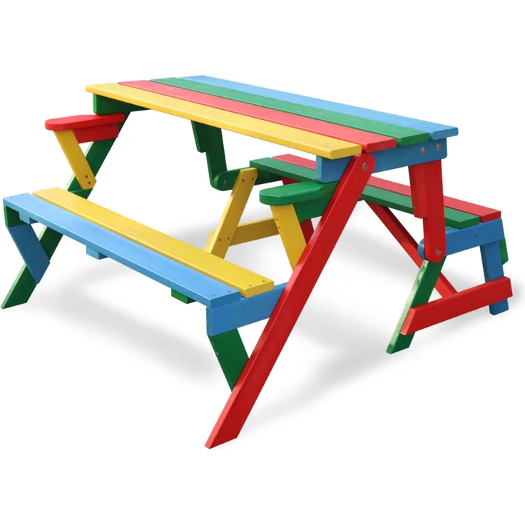 HABAU Kinderpicknickbank 2-in-1 aus Holz, klappbar, Rot / Grün / Blau / Gelb, 100 x 50 x 62 cm