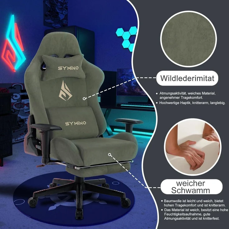 Symino Gaming Stuhl Bürostuhl Hochwertiger Stoff Grün Kunstfell – Bild 3