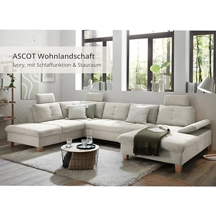Wohnlandschaft Ascot mit Cord-Bezug und Schlaffunktion in Creme, U-Form inkl. Kopfstützen, Bettkasten und Verstellbarer Armlehne - 324 x 107 x 218 cm (B/H/T) – Bild 4