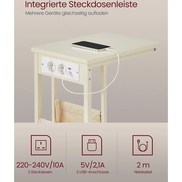 VASAGLE Beistelltisch, Sofatisch mit Ladestation, C Form, Couchtisch klein, Stofftasche, verstellbare Füße, Schlafzimmer, Wohnzimmer, 2 USB-Anschlüsse, 2 AC-Steckdosen, cremeweiß LET356W02 – Bild 4