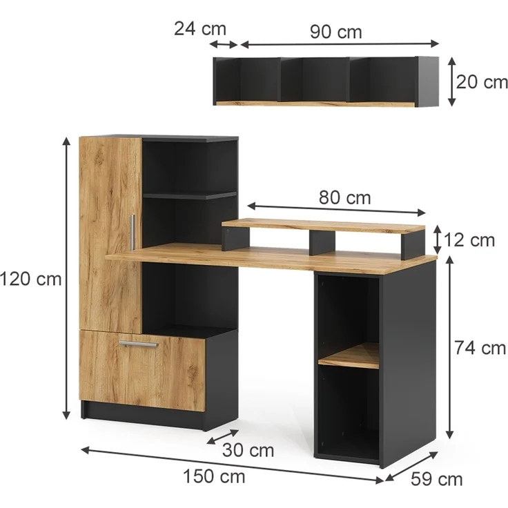 Schreibtisch Tomy Anthrazit/Goldkraft Eiche 150 x 59 cm 4er Set Vicco – Bild 2