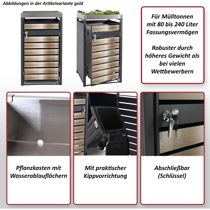 1er Mülltonnenverkleidung mit Pflanzkasten HWC-J81, erweiterbar, 125x68x80cm Metall 31kg, anthrazit ~ Kirsche-Holzoptik – Bild 2