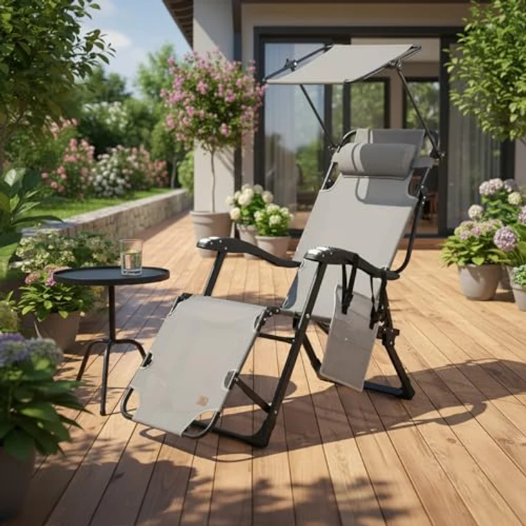 CampFeuer Gartenliege Sonnenliege mit Dach, Grau, Campingliege, Liegestuhl, Gartenstuhl, Klappbar – Bild 3