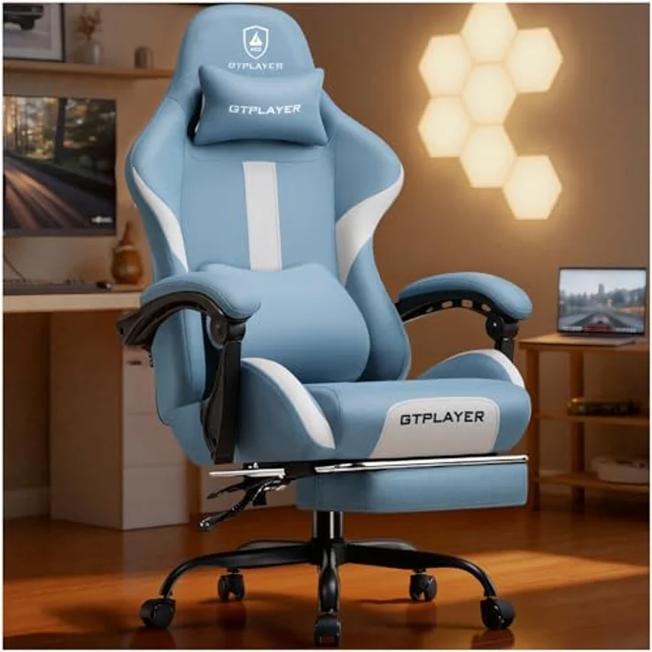 GTPLAYER Gaming-Stuhl Ergonomischer Gaming Sessel Schreibtischstuhl Gamer Stuhl aus Stoff, Federsitzkissen mit Fußstütze – Bild 2