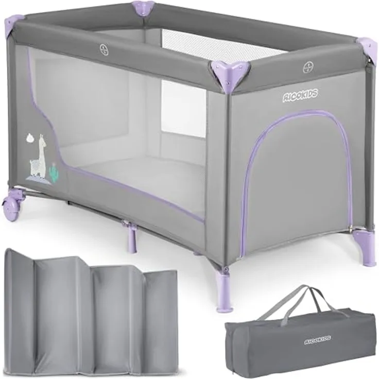 Ricokids Reisebett Baby Mit Matratze 125 x 65 x 78 cm Kinderreisebett Babybett Bis 15 kg 2 Räder Mit Bremsen Abnehmbarer Seiteneingang Transporttasche Faltbar Kompakt Hellgrau Lavendel
