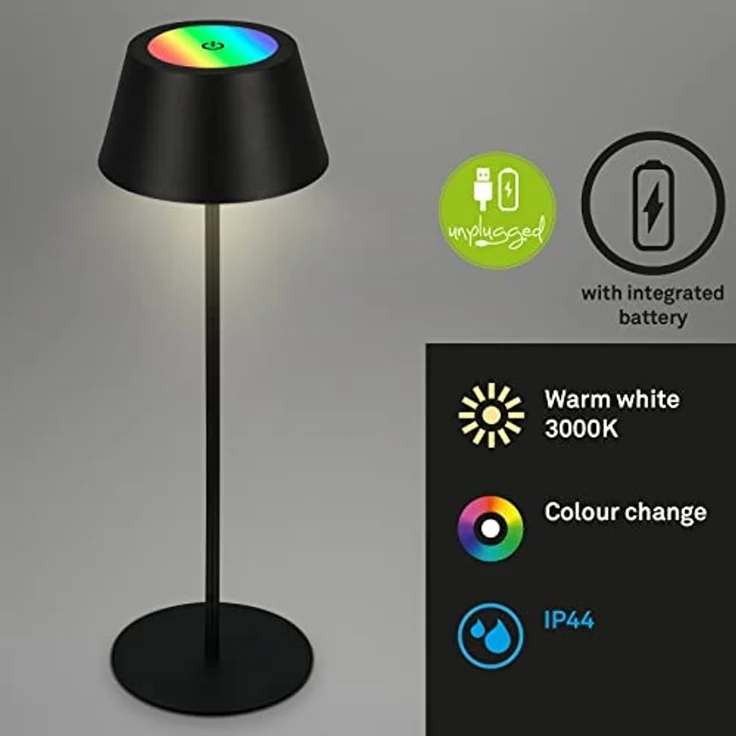 BRILONER – LED Tischlampe Kabellos, RGB Nachttischlampe Touch, Schreibtischlampe, Leselampe, Tischleuchte Outdoor & Indoor, USB-C, Camping Lampe, Warmweißes Licht und buntes Licht, Schwarz – Bild 2