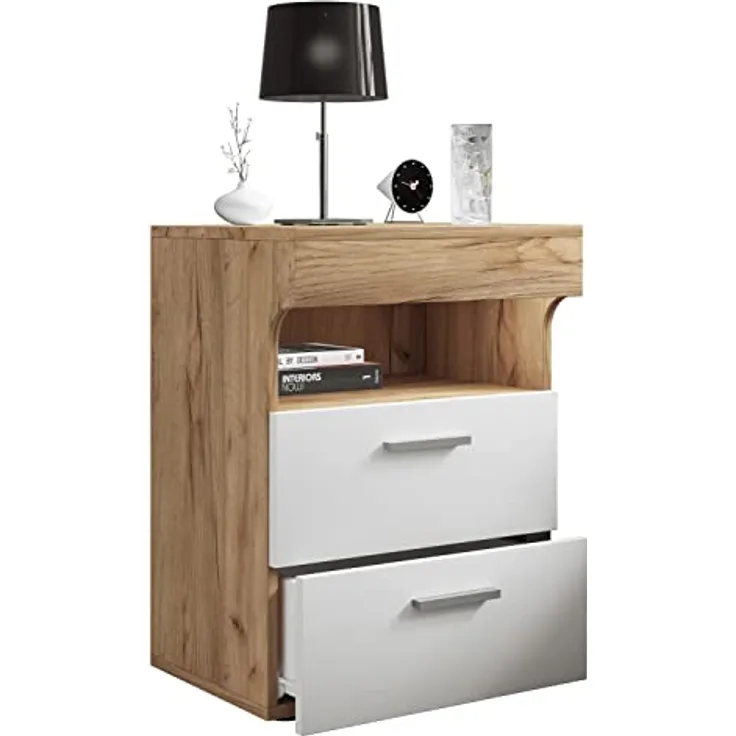 MID.YOU Nachtschrank, Weiß, Honigeiche, Kunststoff, 2 Schubladen, 45x61x39 cm