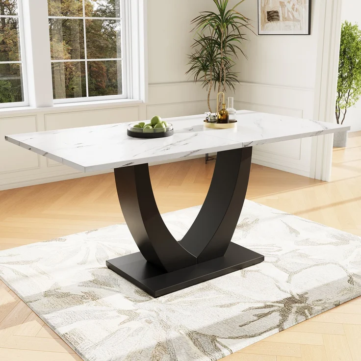 140 x 75.5cm Esstisch,(1-St), moderner Küchentisch, Gestell aus Metall Rechteckiger Esstisch aus Moderner Marmormuster Küchentisch mit verstellbaren Füßen für Esszimmer Wohnzimmer, Weiß/Schwarz – Bild 1