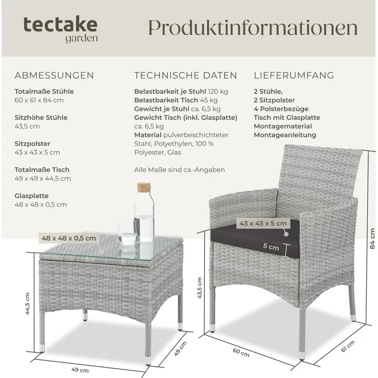 tectake Sitzgruppe Rattanset, (Set, 5-tlg), Schickes, modernes Design – Bild 6