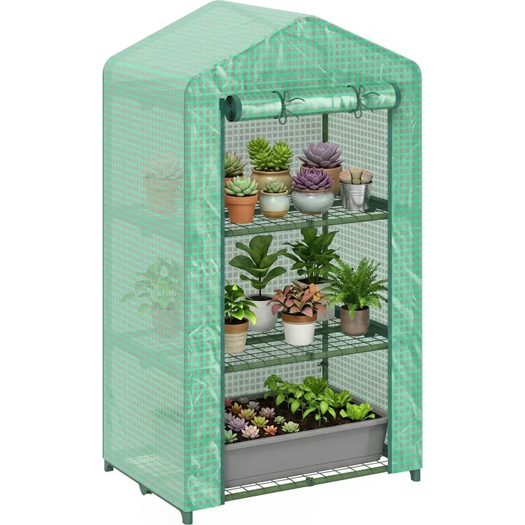 MELAYR, 3-stöckiges Gartengewächshaus, aufrollbare Tür, Metallrahmen, UV-Schutz, PE-Abdeckung, 69 x 49 x 125 cm, Grün