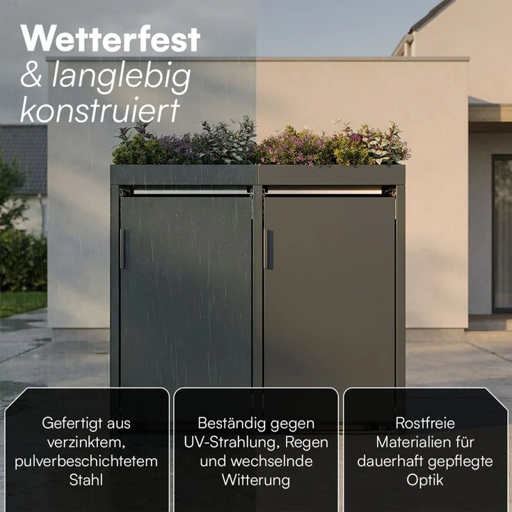 STEELSØN 'Thoria' Mülltonnenbox 2er je 240 Liter, anthrazit, Mülltonnenverkleidung aus Stahl, wetterfest, 125x80x134 cm, Müllbox mit Pflanzendach für 2 Tonnen – Bild 4