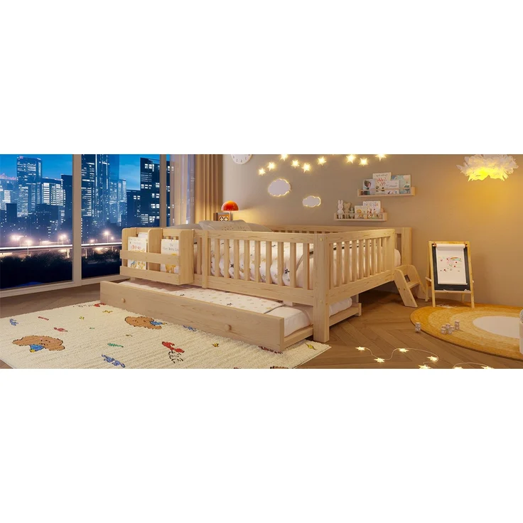 ZUBALIYA Holzbett 140 x 200 cm – Ausziehbett, flexible Montage, Geländer, MDF, Kiefer, Holzfarbe – Bild 13