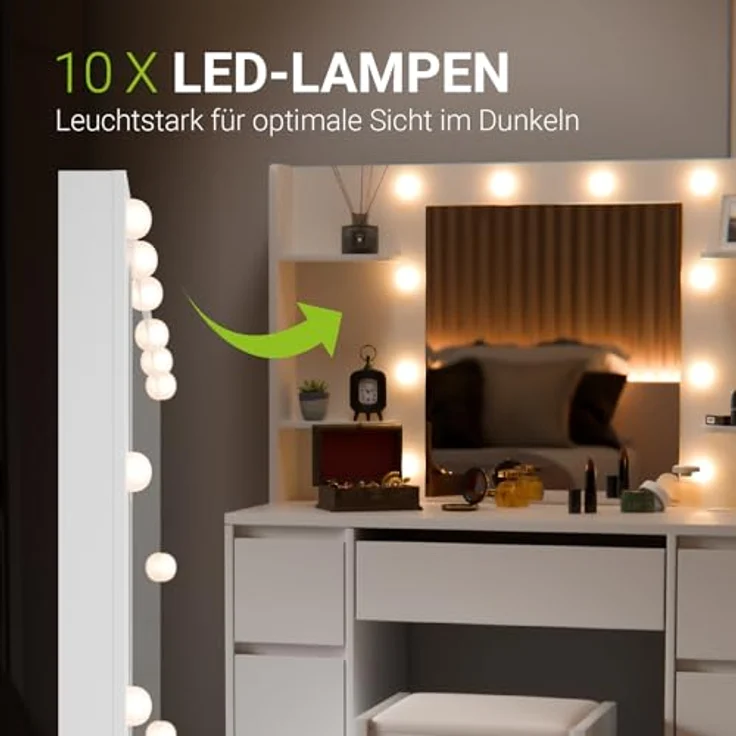 Juskys Schminktisch Malia und Hocker Melly mit LED-Beleuchtung & Spiegel, 7 Schubladen, stufenlos dimmbar, 3 Farbtemperaturen, Stauraum, elegantes Design – Weiß – Bild 4