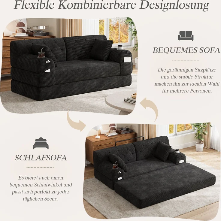 TavilaEcon 2-Sitzer Schlafsofa, komprimiertes Cord Sofa mit hoher Rückenlehne schwarz 81 × 80 × 168 cm (H × T × B) – Bild 3