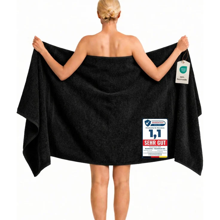 Komfortec Badetuch 100x200 cm aus 100% Baumwolle | XXL Saunatuch, Großes Duschtuch, Weich & Saugstark, Schwarz
