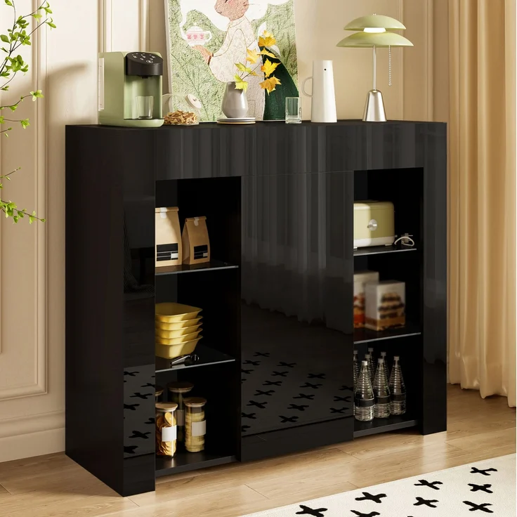 DESVIAE Sideboard mit Glaseinlegeböden und Tür 95x83x35 cm Spanplatte Schwarz – Bild 2