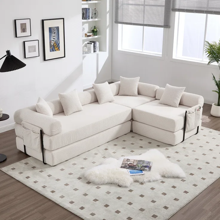 Familiensofa, mit Stauraum & modularer Funktion vakuumverpackt für mühelose Montage frei kombinierbare Module haustierfreundlich, Beige,