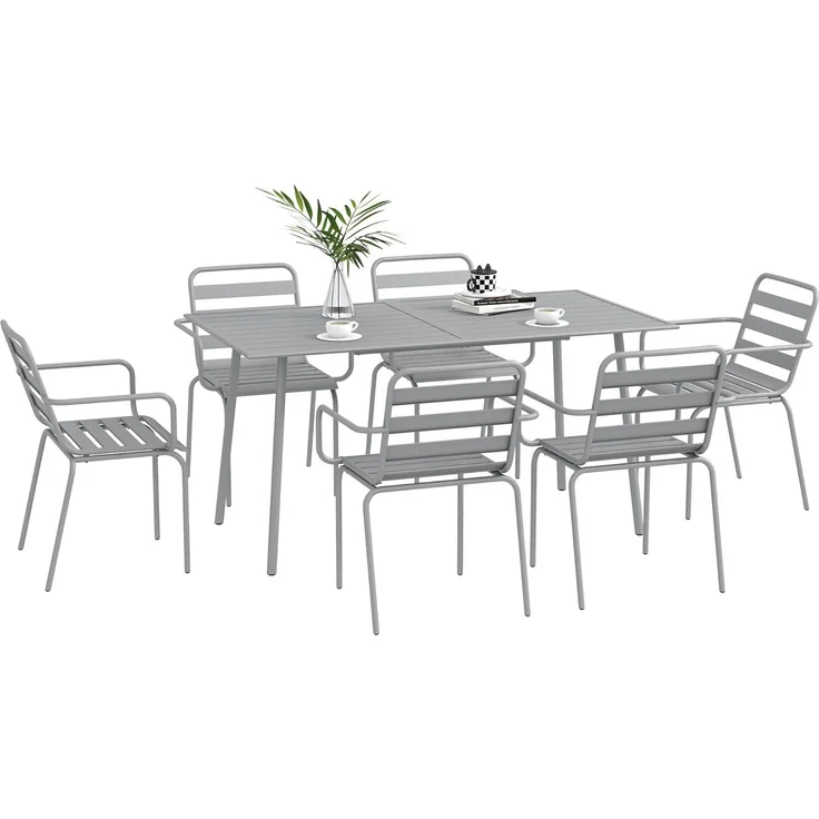 Outsunny Garten-Essgruppe Sitzgruppe mit 1 Esstisch, 6 stapelbaren Stühlen, (Gartengarnitur, 7-tlg, Sitzgarnitur), für Balkon, Terrasse, Stahl, Hellgrau – Bild 1
