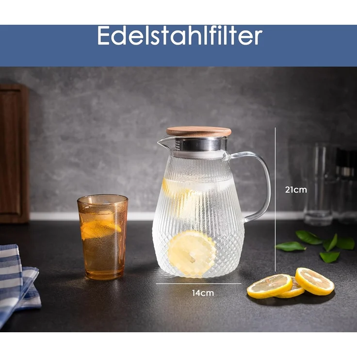 Hanseküche Wasserkaraffe Glaskaraffe, (Glas-Wasserkaraffe mit Deckel, 1-tlg, Tropffreie Ausgießer - Robuste Teekanne), mit 50% erhöhter Glasdicke für Heiß- & Kaltgetränke – Bild 2