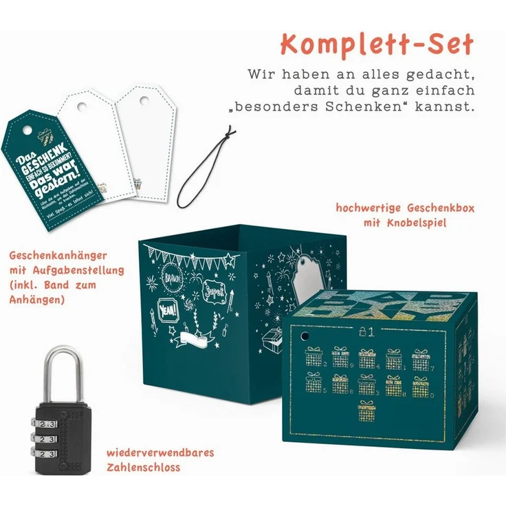 SURPRISA Geschenkbox Rätsel-Geschenkbox Happy Birthday mit Glitzer, originelle Geburtstagsbox mit Zahlenschloss zum Geburtstag – Bild 2