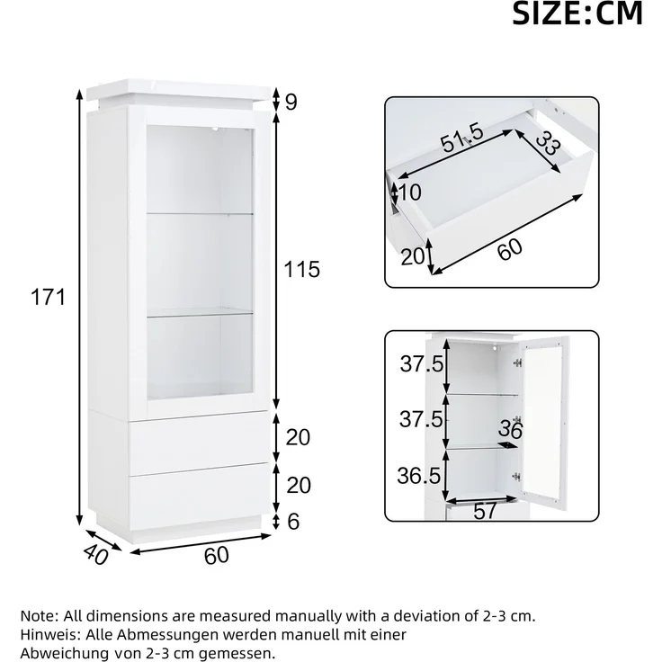 DESVIAE Vitrine mit 2 Schubladen und LED-Beleuchtung 60x171x40 cm Spanplatte Weiß – Bild 10