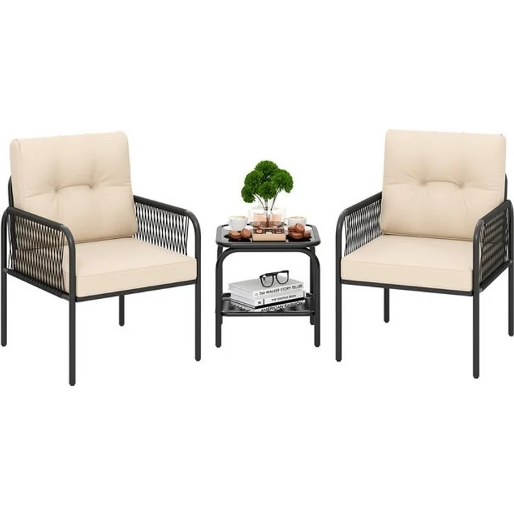 COSTWAY Balkonset, (3-tlg), 1 Tisch, 2 Stühle Gartenmöbel mit Kissen, Rattan – Bild 4