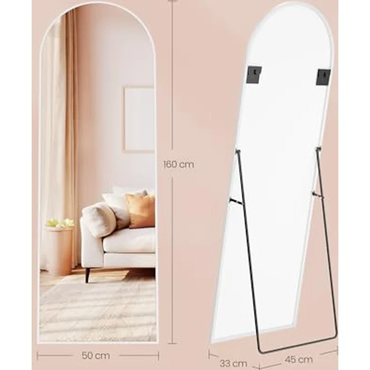 SONGMICS Ganzkörperspiegel, 160x50 cm, gewölbter Standspiegel, Rahmen aus Aluminiumlegierung, Hartglas, für Schlafzimmer, Wohnzimmer, Garderobe, mattweiß LFM031WC01 – Bild 5