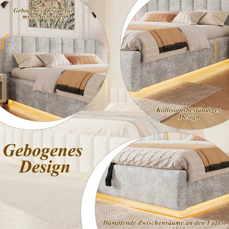 Polsterbett, Doppelbett, 140 x 200 cm, Bett mit Lattenrost, Kopfteil,Gepolstertes Kopfteil,Hydraulische Lagerung, Mit LED-Lichtleiste, Ohne Matratze, Hellgrau Chenille – Bild 8