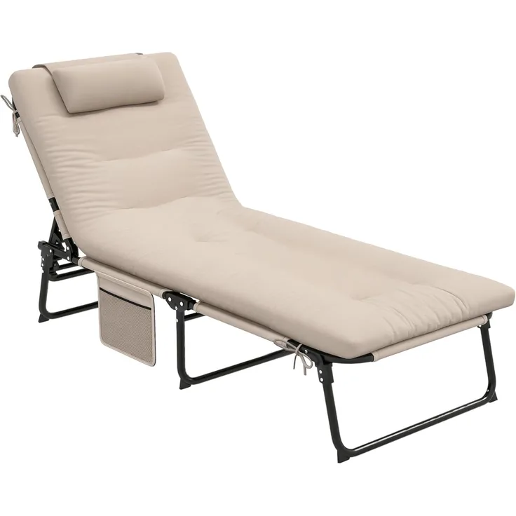 Outsunny Gartenliege mit Kopfkissen, 4-Fach verstellbare Rückenlehne, wetterfest Liegestuhl, 1 St, klappbar Sonnenliege, bis 120 kg belastbar, für Garten Outdoor Pool, Beige