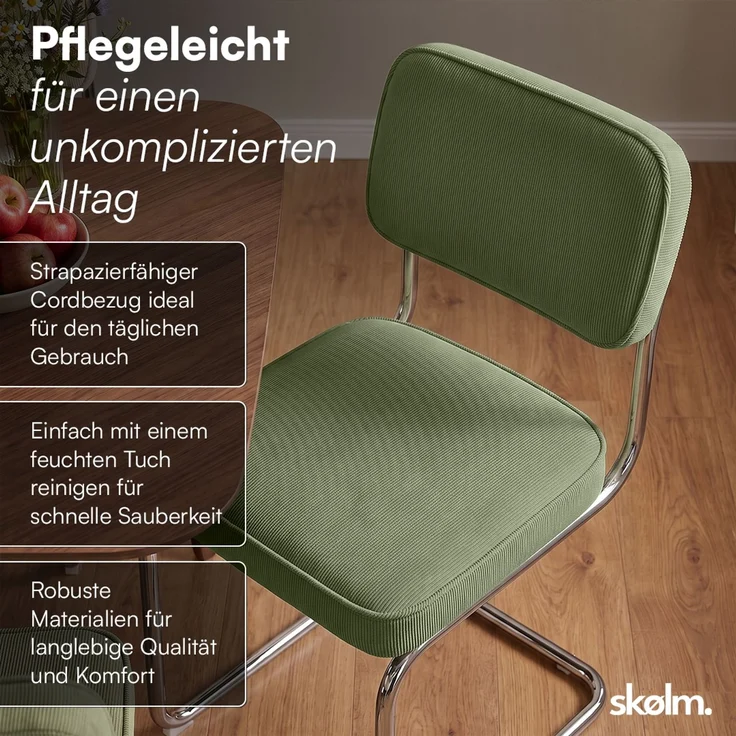 skølm 'Thund' Esszimmerstühle 6er Set, dunkelgrün, Polsterstuhl aus Cord mit verchromten Metallgestell, Schwingstuhl bis 120 kg belastbar – Bild 8