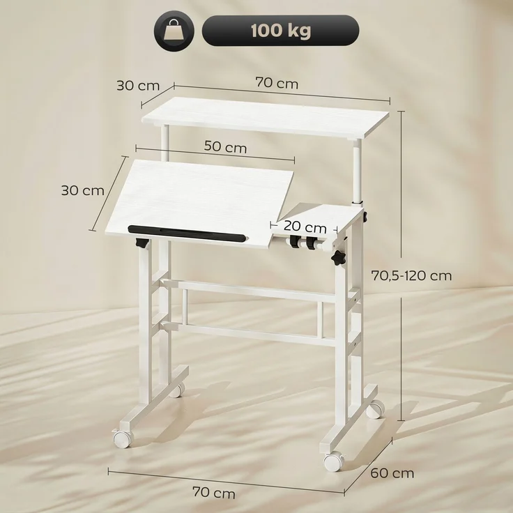 Steh-Sitz-Schreibtisch, höhenverstellbarer Schreibtisch 70 x 60 cm, auf Rollen mit neigbarer Tischplatte, 70 x 60 x 70,5–120 cm, Weiß – Bild 5