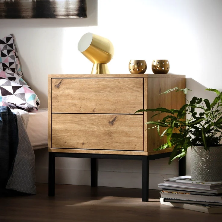 Casâme Nachttisch mit 2 Schubladen, Eichenoptik, Höhe 50 cm - LENNY - Eiche – Bild 2