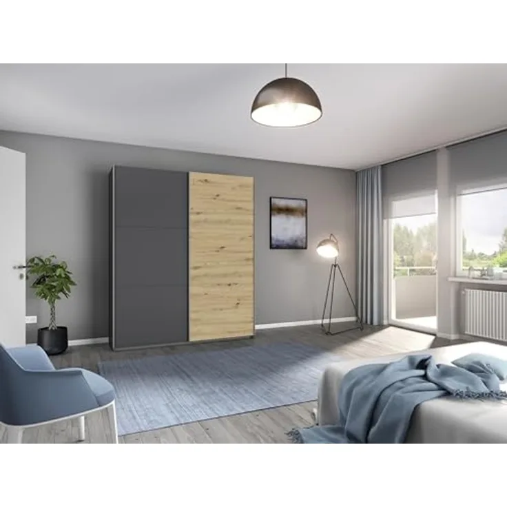 Schwebetürenschrank >Aurelia< in grau-metallic/ Eiche Artisan Dekor, B/H/T: 175/210/59 cm