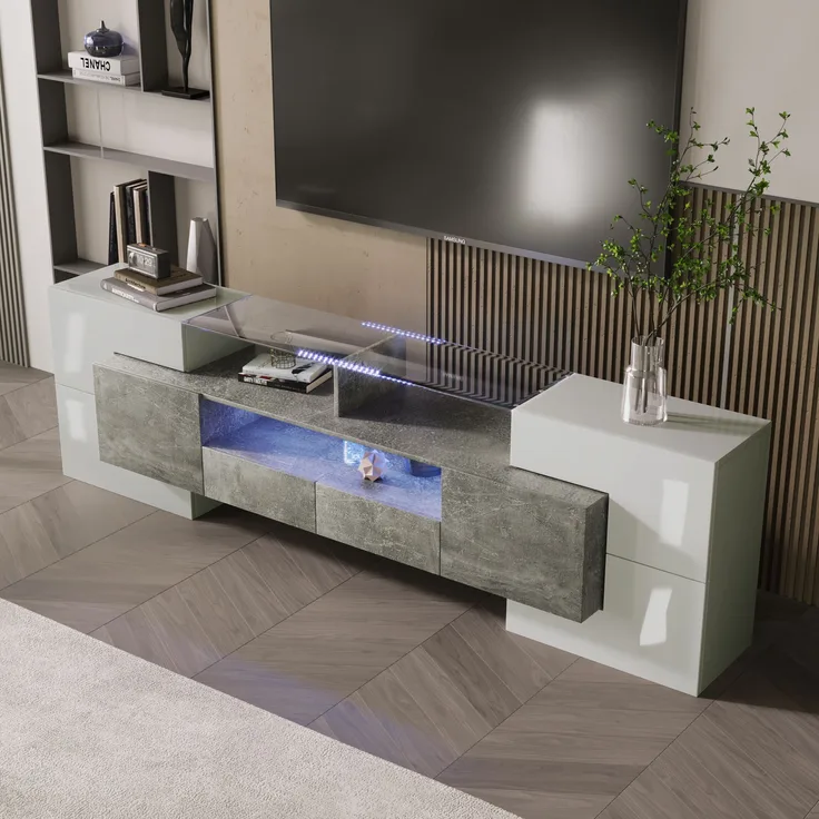 TV-Schrank 200 cm Hochglanzweiß & Beton mit LED-Beleuchtung, 6 Türen, 2 Schubladen, 3 offene Fächer