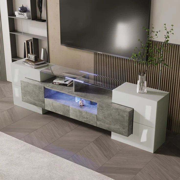 TV-Schrank 200 cm Hochglanzweiß & Beton mit LED-Beleuchtung, 6 Türen, 2 Schubladen, 3 offene Fächer