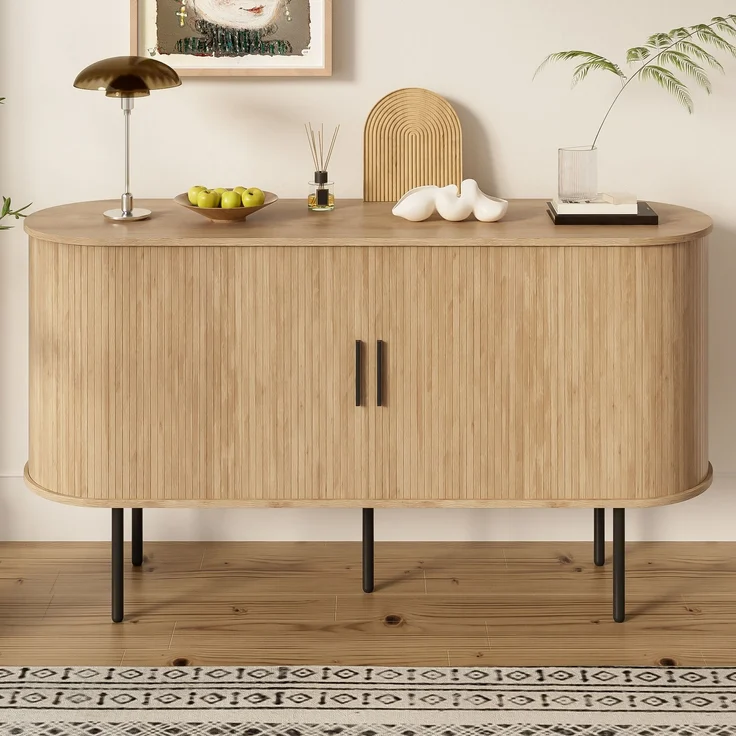 Merax Sideboard mit Rolljalousie-Türen, Aluminiumgriffen & Eisenbeinen – Vielseitiger Aufbewahrungsschrank für Wohnzimmer, Esszimmer & moderne Einrichtung, Holzfarbe – Bild 7