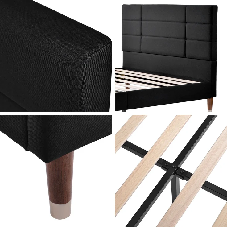 Polsterbett 140x200 cm Doppelbett mit Lattenrost und Kopfteil, Leinenbezug in Schwarz, für Erwachsene & Jugendliche – Bild 5