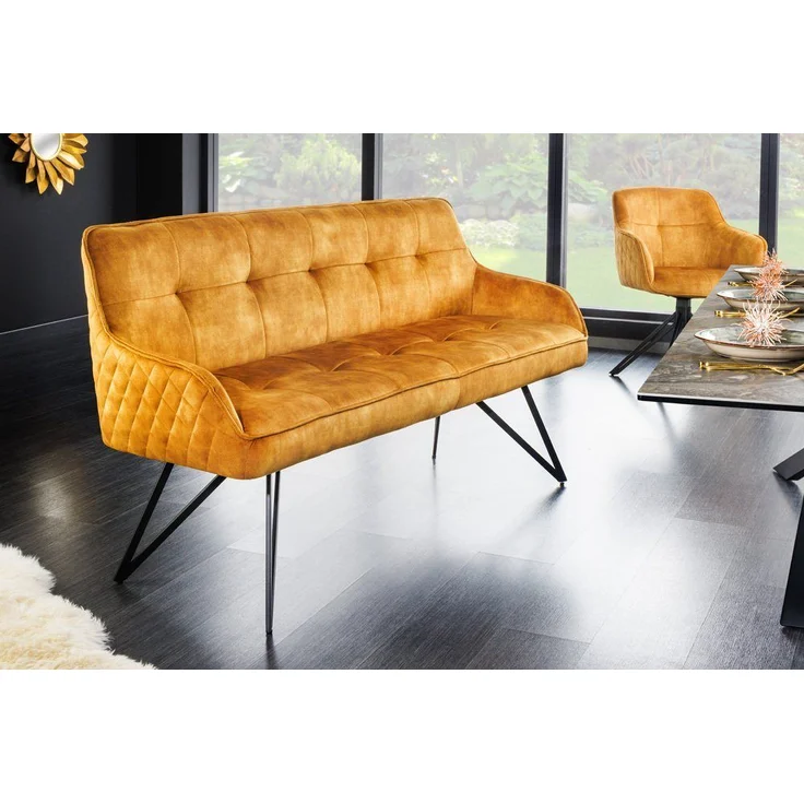riess-ambiente Sitzbank EUPHORIA 156cm senfgelb / schwarz (Einzelartikel, 1-St), Wohnzimmer · Samt · Metall · Flur · Küche · Esszimmer · Retro Design – Bild 1
